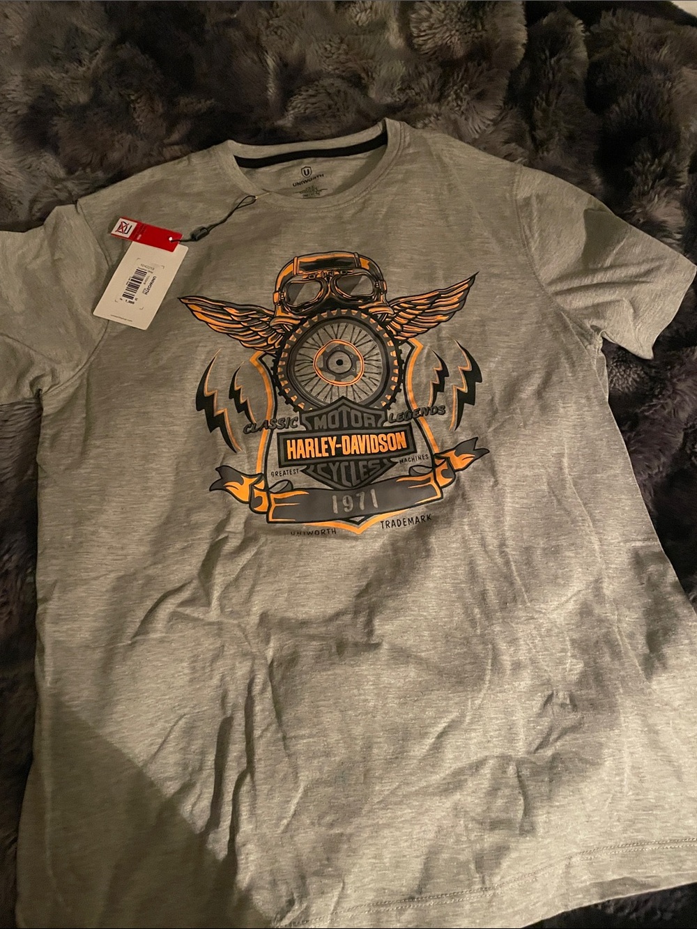 Harley-Davidson Gray Short Sleeve Tee with Orange & Black Winged Wheel Graphic